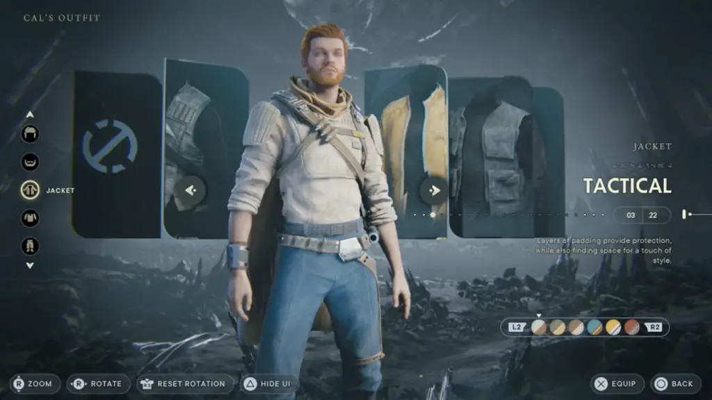 A look at the Star Wars Jedi: Survivor customize outfit screen.