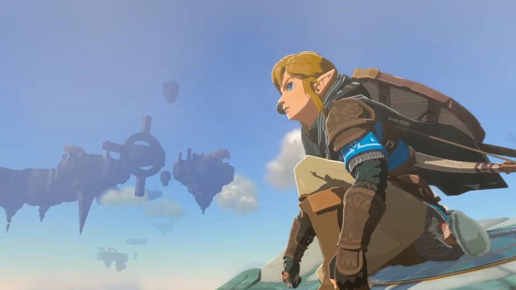 Link crouching on flying mount in The Legend of Zelda: Tears of the Kingdom
