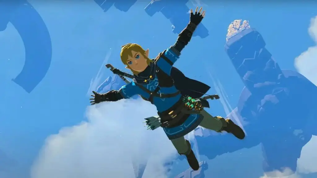 Link falling through the sky in The Legend of Zelda: Tears of the Kingdom.