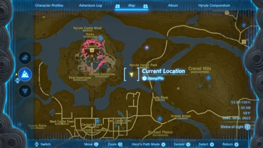 Location of the Hyrule Park Chasm in Tears of the Kingdom