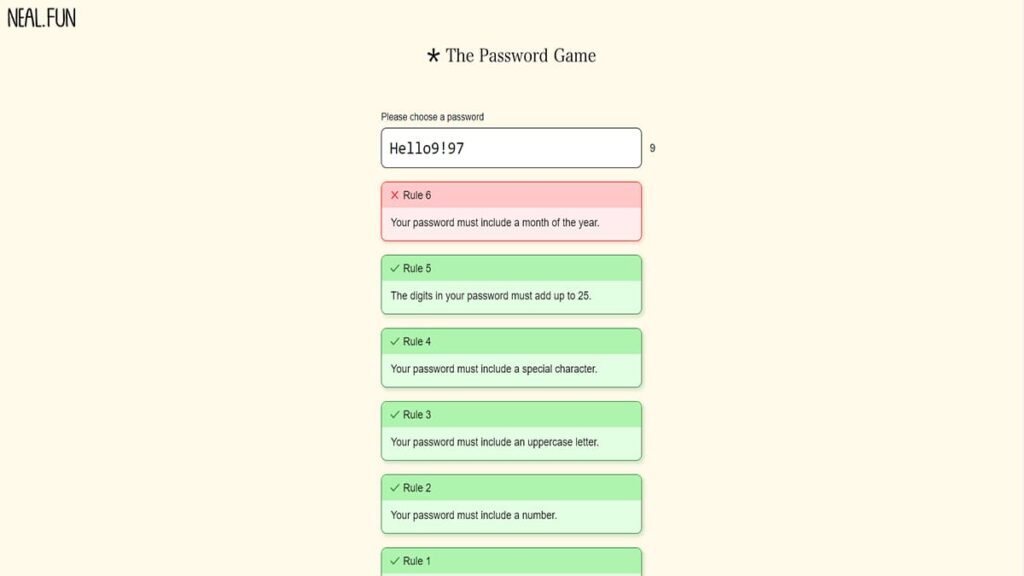 Rule 5 the digits in your password must add up to 25