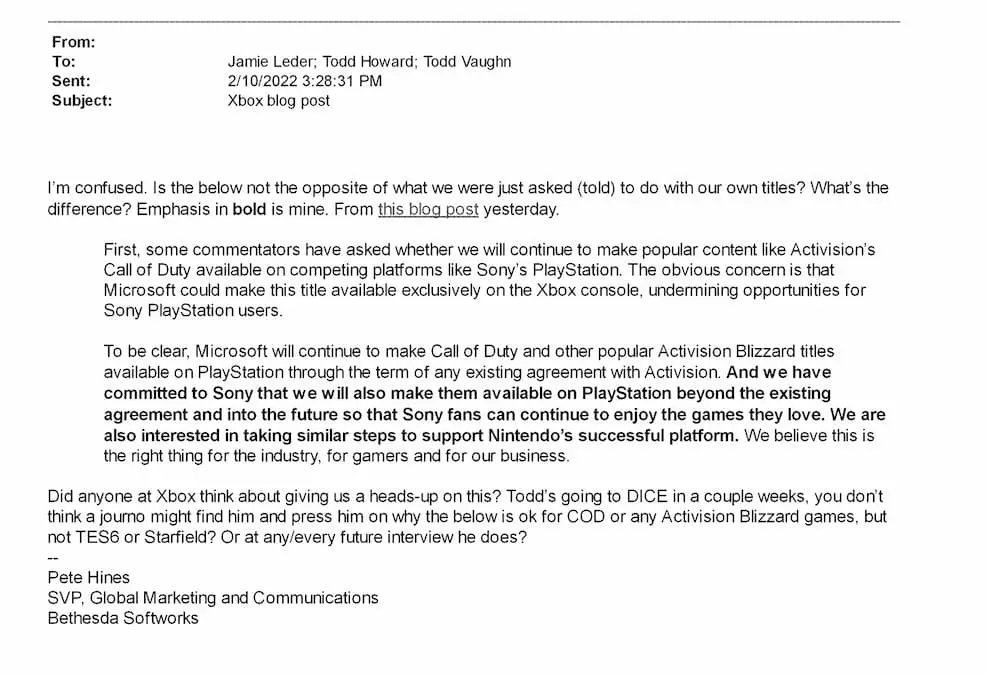 Pete Hines email pertaining FTC vs. Microsoft