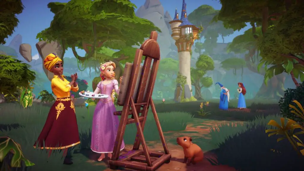 Disney-Dreamlight-Valley-Rift-in-Time-Player-painting-with-Rapunzel