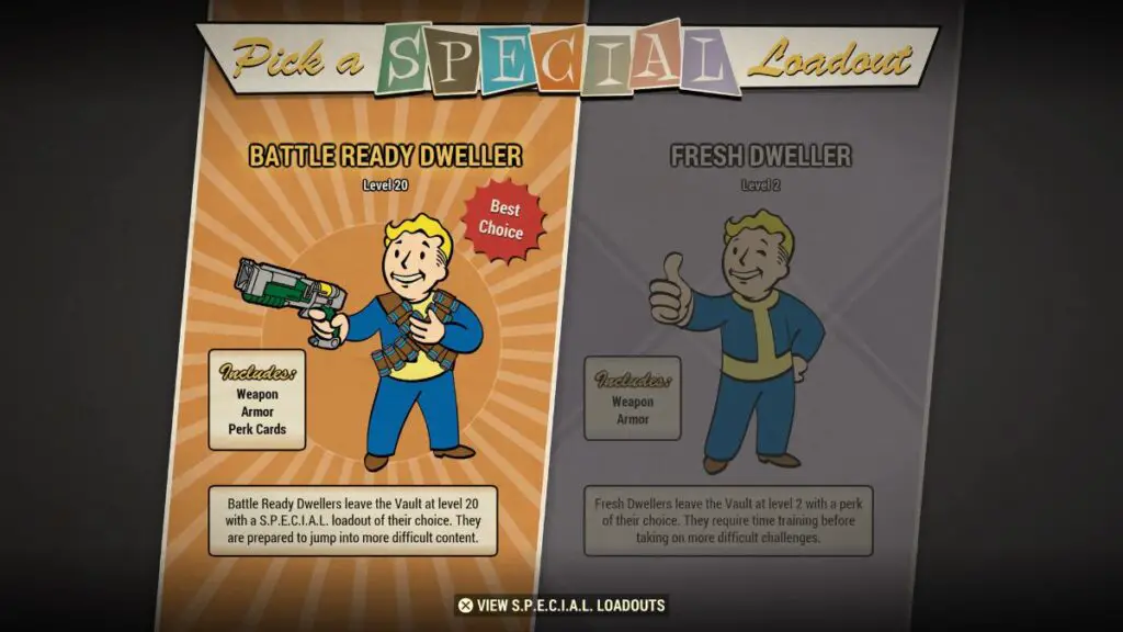 Fallout 76 Battle ready dweller or fresh dweller: Player choosing between starting at level 2 or level 20