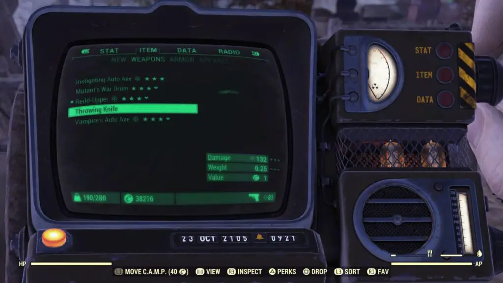 Fallout 76 throw grenades: Pip Boy menu tuned to weapons