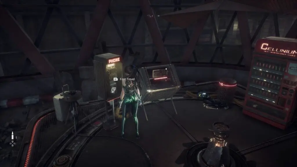 Stellar Blade Souls-Like game: Eve standing in rest area interacting with phone booth