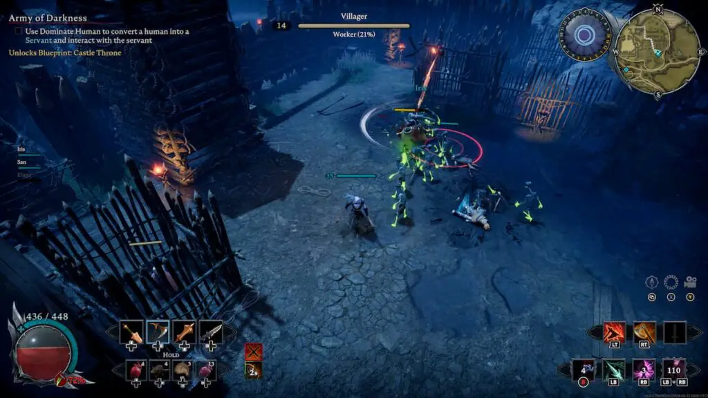 Some players fighting within a bandit camp in V Rising.