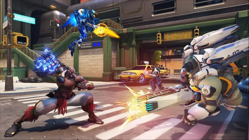 Promo art for Overwatch 2 featuring Doomfist, Winston, Pharah, and Baptiste.