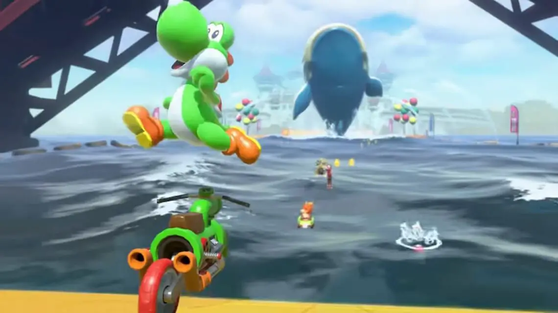 Yoshi doing a trick in Mario Kart World.
