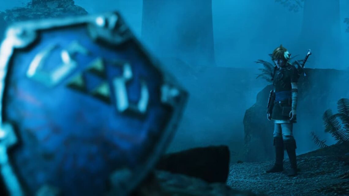 Link from the fan film Lost in Time looks over at the Hylian Shield.