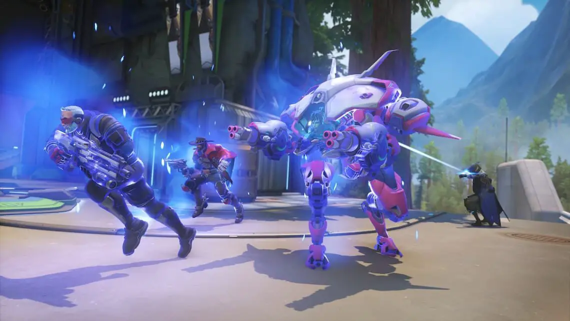 Promotional image of Soldier 76, D.Va, Cassidy, and Ana in Overwatch 2 Stadium.