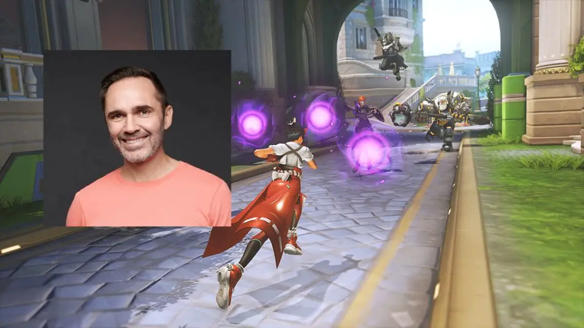 Overwatch 2 Stadium gameplay with Kiriko, Moira, and Reinhardt plus a profile image of Aaron Keller.