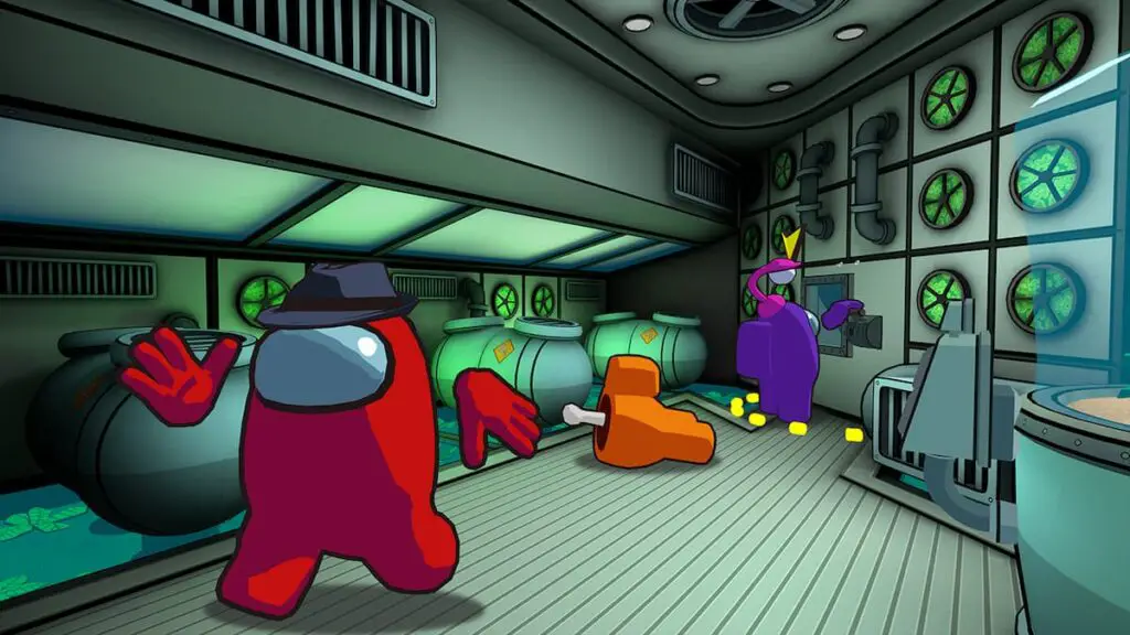 An Impostor in Among Us 3D runs away after killing a crewmate.
