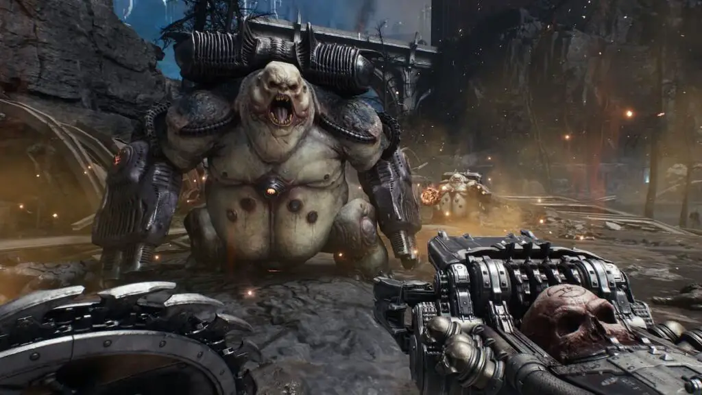 The Doomslayer fighting a Mancubus in Doom: THe Dark Ages.