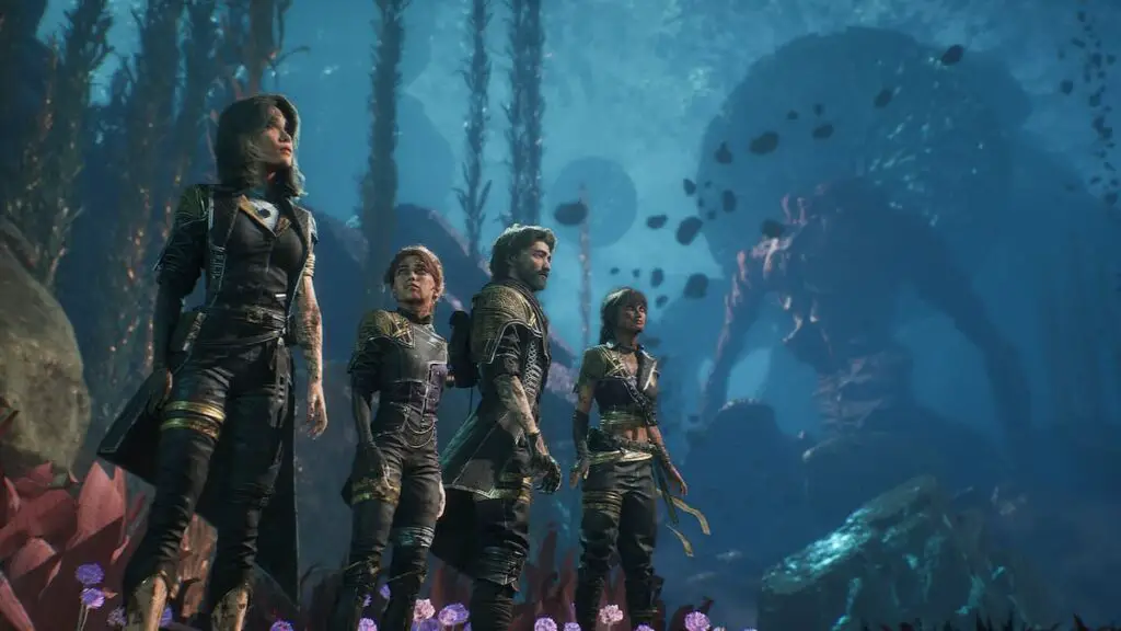 Lune, Maelle, Gustave, and Sciel stand in a watery area of Clair Obscur: Expedition 33.