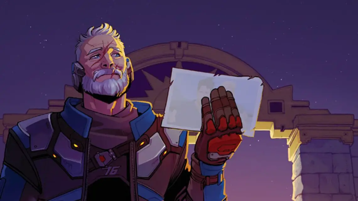 Soldier: 76 looks at a photo from the Futures Past short story for Overwatch 2 Pride.