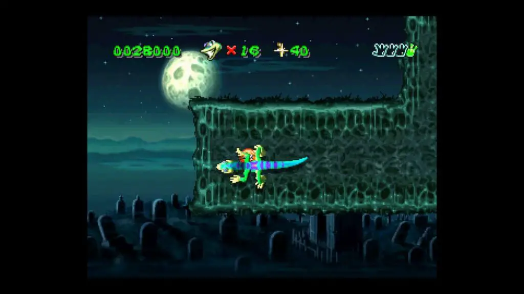 Gex clinging to a wall in the original game in the Gex Trilogy.