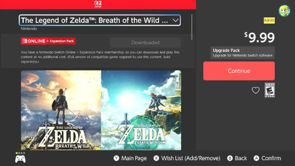 The Breath of the Wild upgrade page on Nintendo Switch 2 eShop.