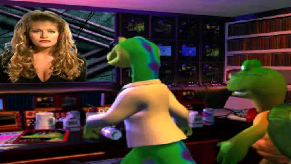 A screenshot from the opening cutscene of Gex 3: Deep Cover Gecko in the Gex Trilogy.
