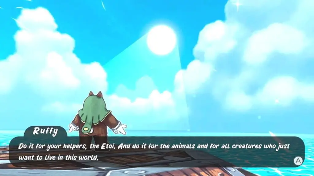 Ruffy making a prayer to the World Core in Ruffy and the Riverside.