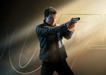 James Bond aiming his gun at something off-screen in front of the 007 number for 007 First Light.