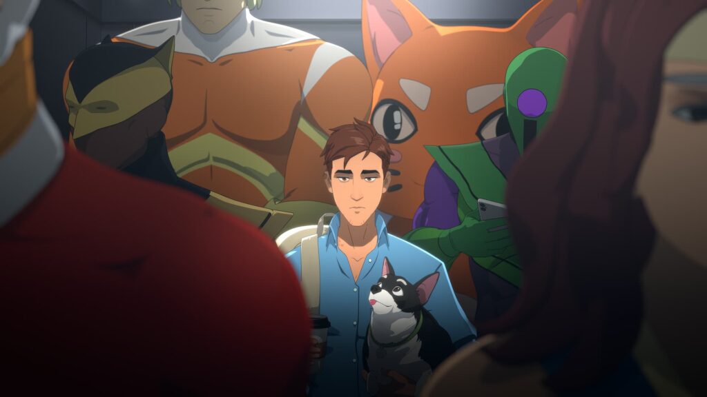 Robert standing in a crowded elevator in Dispatch.