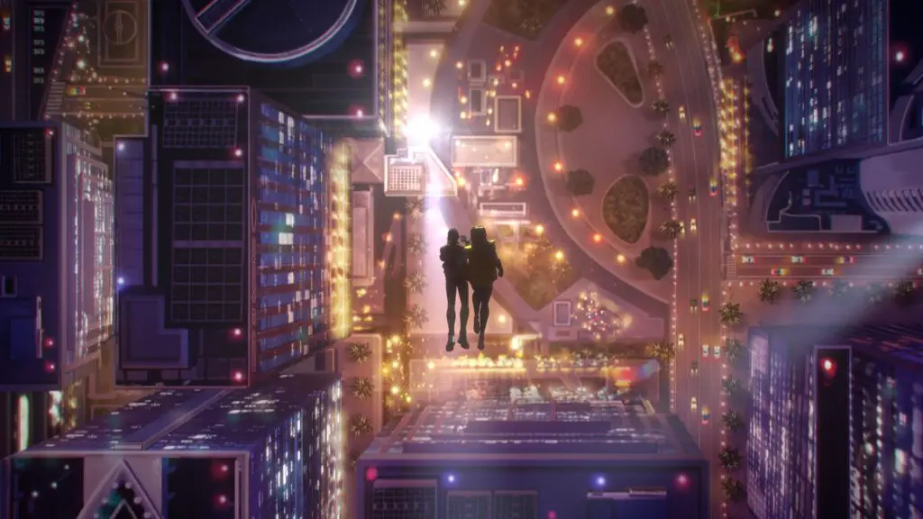 Robert being flown over a city at night with a superhero in Dispatch.