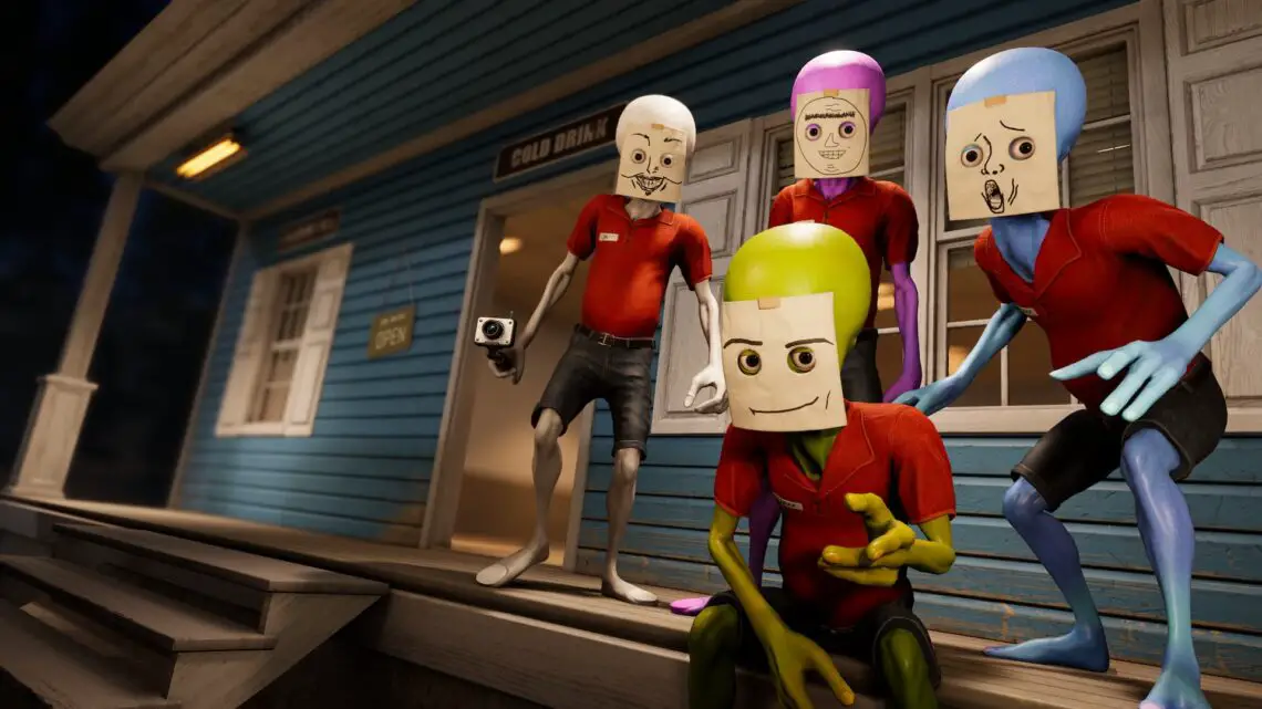 A group of aliens from Roadside Research posing in front of their gas station.