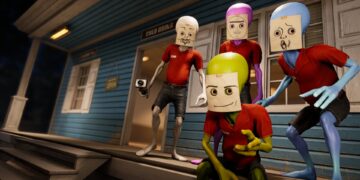 A group of aliens from Roadside Research posing in front of their gas station.