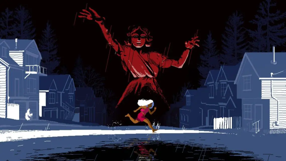 Protagonist of Love Eternal runs across the screen in front of a sinister red statue of a deific woman.