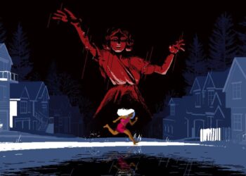 Protagonist of Love Eternal runs across the screen in front of a sinister red statue of a deific woman.