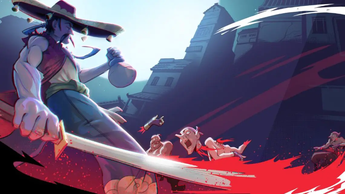 Protagonist of Mexican Ninja brandishes a katana covered in the blood of an enemy he has seemingly just defeated.