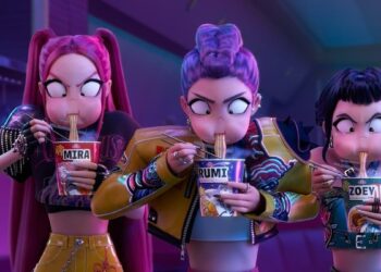 The K-Pop Demon Hunters eating noodles quickly.