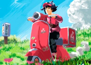 B, the main character of A Pizza Delivery, rides across a grassy field on her red vespa.