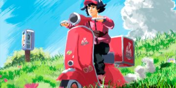 B, the main character of A Pizza Delivery, rides across a grassy field on her red vespa.