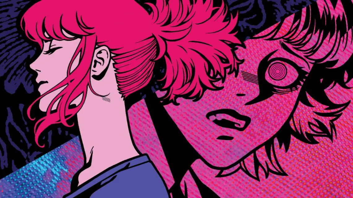 The main protagonists of Demonschool, Faye and Namako, are juxtaposed on a minimalist magenta background. Faye is at ease, while Namako is distressed.