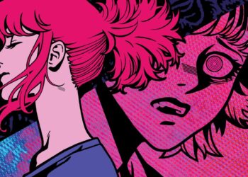 The main protagonists of Demonschool, Faye and Namako, are juxtaposed on a minimalist magenta background. Faye is at ease, while Namako is distressed.