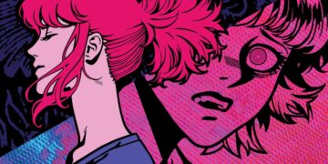 The main protagonists of Demonschool, Faye and Namako, are juxtaposed on a minimalist magenta background. Faye is at ease, while Namako is distressed.