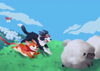 Two dogs chasing after a herd of sheep in a cartoony artstyle.
