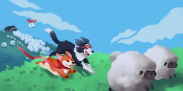 Two dogs chasing after a herd of sheep in a cartoony artstyle.