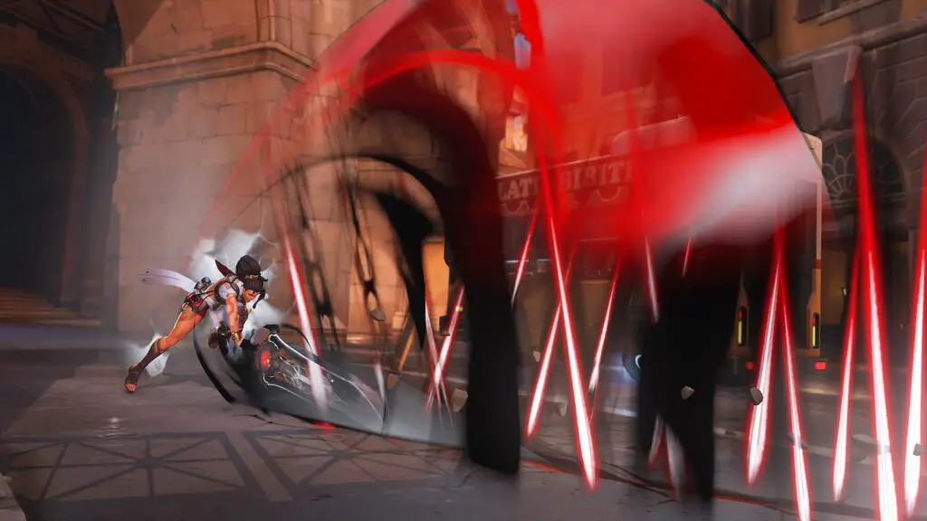 Vendetta in Overwatch 2, slamming her blade down on the ground, causing red, black, and white effects to burst up from the ground.