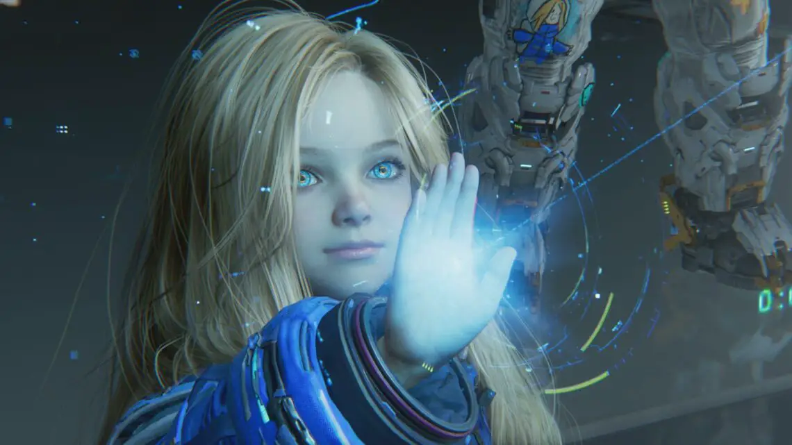 Diana holding up a glowing hand in the Pragmata demo