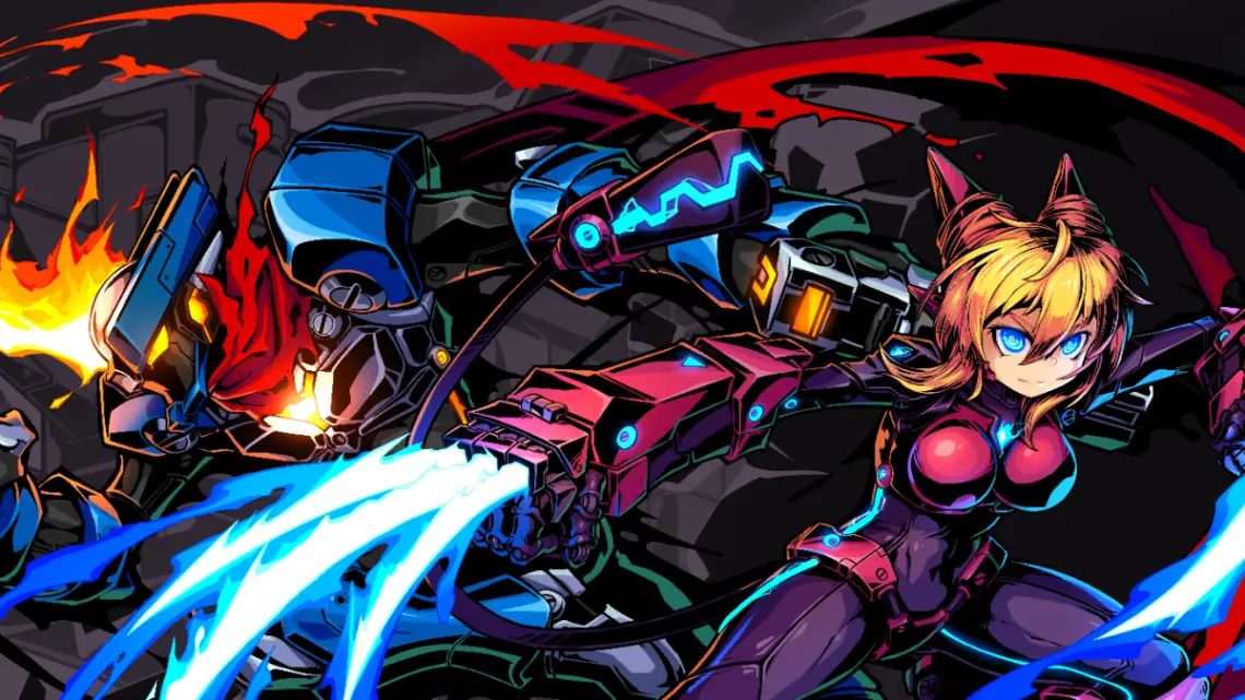 Muu and Kelly, the main characters of Super Alloy Crush, standing in action poses for the game's key art.