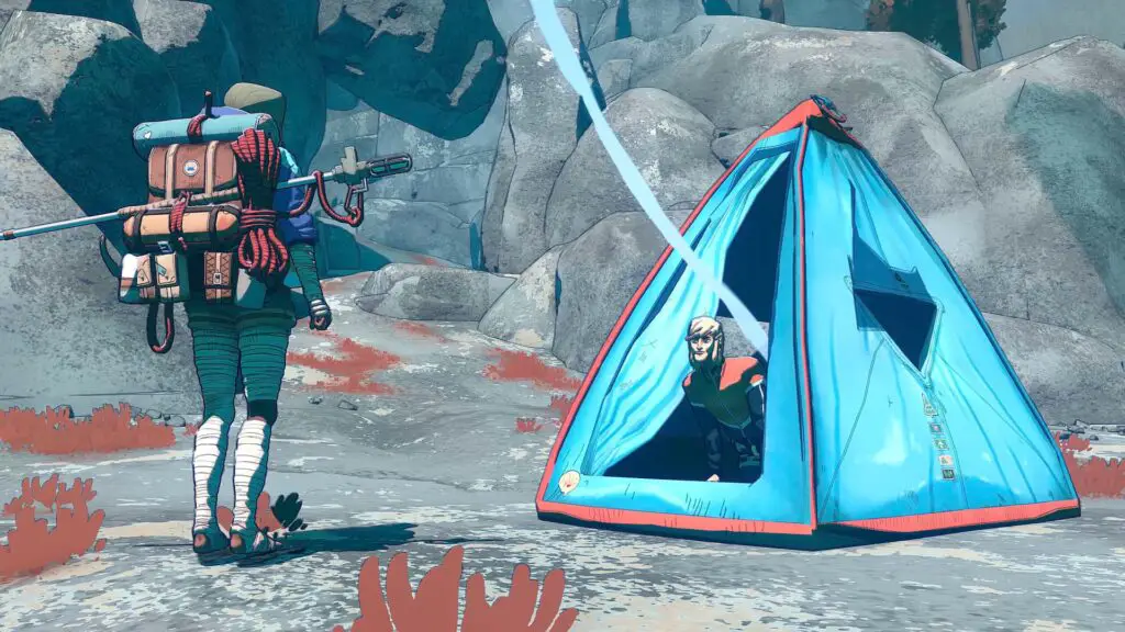 The player talks to a character in a tent in Cairn.