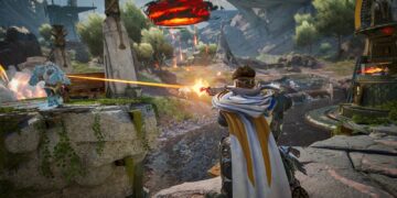 Highguard screenshot of a caped character shooting at an icy character running towards them.