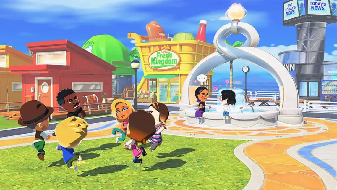Tomodachi Life: Living the Dream villagers dance in a central park area of the island.