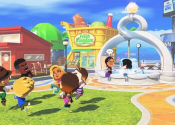 Tomodachi Life: Living the Dream villagers dance in a central park area of the island.