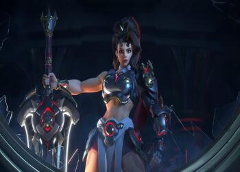 Vendetta stands with in front of a broken window in the Reign of Talon cinematic.