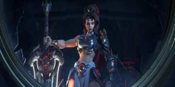 Vendetta stands with in front of a broken window in the Reign of Talon cinematic.